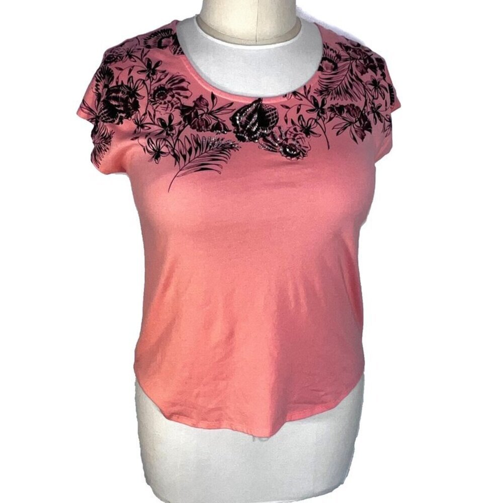 Coral Bay Blouse Womens L Peach Floral Seashell Silver Beaded Neck Short Sleeve - Picture 5 of 14